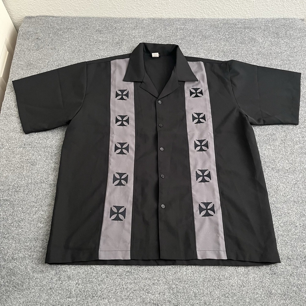 VTG 90s Interstate Iron Cross Bowling Shirt Black Gray 3XL Skateboarding Skater